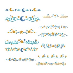 May include: A collection of celestial-themed decorative borders featuring moons, stars, and swirling designs. The color palette includes shades of blue, gold, and teal, creating a whimsical and dreamy aesthetic. These borders are ideal for scrapbooking or crafting projects.