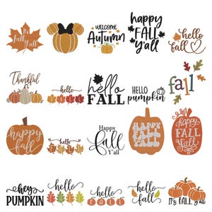 Op de afbeelding: Een verzameling van twintig digitale ontwerpen met herfstthema's, waaronder pompoenen, esdoornbladeren en teksten zoals 'It's Fall Y'all', 'Hello Fall', 'Happy Fall', 'Welcome Autumn', 'Thankful' en 'Hey Pumpkin' in diverse zwarte, oranje en bruine lettertypes.