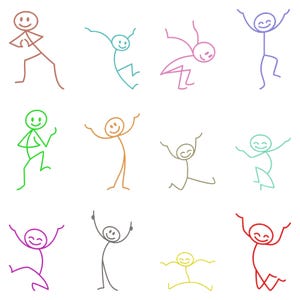 Può includere: Una collezione di dodici omini stilizzati colorati in varie pose, ognuno con una faccia sorridente. Le figure sono delineate in marrone, blu, rosa, viola, verde, arancione, grigio e giallo, su sfondo bianco. Le figure sono in posizioni diverse, come ballare, saltare e salutare.