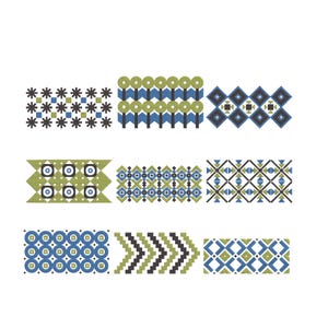 May include: Nine geometric pattern designs in various color combinations, including blue, green, black, and white. The patterns feature shapes like stars, circles, diamonds, and zigzags, arranged in horizontal bands. These designs could be used for fabric, wallpaper, or digital art.