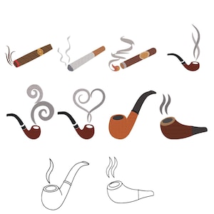 Könnte beinhalten: Eine Sammlung von zehn gestickten Motiven, die verschiedene Raucherutensilien wie Zigarren, Zigaretten und Tabakpfeifen darstellen. Jeder Gegenstand ist mit stilisierten grauen Rauchschwaden versehen und zeigt unterschiedliche Formen und Farben.