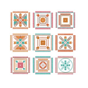 May include: Nine square geometric designs in shades of orange, teal, pink, and brown. Each square features a unique symmetrical pattern with a sawtooth border. The designs are arranged in a 3x3 grid on a white background.