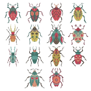 Puede incluir: Una colección de ilustraciones de insectos estilizadas y coloridas. Cada insecto presenta patrones y diseños intrincados en tonos de rojo, verde, amarillo y azul. La obra de arte se presenta sobre un fondo blanco, mostrando el arte detallado de los insectos.