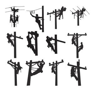 May include: A collection of twelve black silhouettes depicting utility workers performing various tasks on wooden utility poles. Each figure is shown wearing protective gear while climbing, maintaining, or repairing electrical power lines.