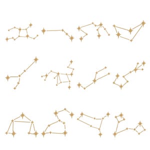 May include: A collection of gold-colored constellation illustrations on a white background. Each constellation is depicted with star-shaped points connected by straight lines, representing various zodiac signs.