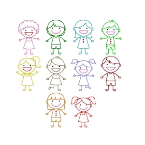 以下が含まれることがあります： 11人のカラフルな漫画の子供たちのコレクション。各フィギュアは、ピンク、緑、青、黄色、赤など、異なる色で縁取られています。フィギュアは、笑顔の顔や腕を広げたシンプルな特徴を持っています。