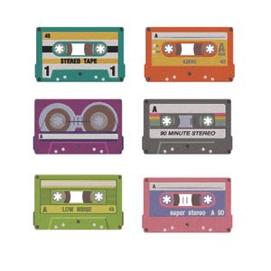 May include: A collection of six retro cassette tapes in various colors, including teal, orange, purple, gray, green, and pink. Each tape features labels with text such as "STEREO TAPE," "AUDIO," and "90 MINUTE STEREO." The tapes have a vintage, textured appearance.