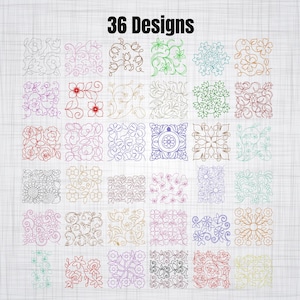 May include: A collection of 36 Designs featuring various floral and botanical line art patterns arranged in a grid. Each square contains a unique, intricate illustration of flowers, leaves, vines, and geometric shapes in diverse colors.