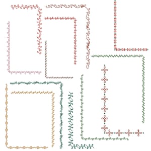 Könnte beinhalten: Eine Sammlung verschiedener digitaler Stickrahmen-Designs mit komplexen Schnörkeln, Blumenmustern und geometrischen Formen in Rot-, Grün- und Goldtönen. Diese dekorativen Eck- und Linienrahmen sind auf einem weißen Hintergrund angeordnet.