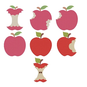 May include: A selection of apple-shaped cutouts in shades of red and pink, with green leaves and brown stalks. Some have sections missing, showing a beige core. The image is set against a white backdrop, creating a clean, simple aesthetic.