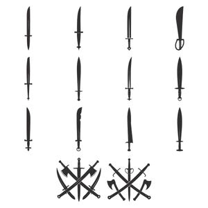 May include: A collection of twelve individual black silhouettes of various swords and blades arranged in three rows, followed by two distinct groupings of crossed swords and axes at the bottom, all presented against a plain white background.