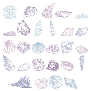 May include: A collection of various seashell illustrations in shades of blue and purple. The line art depicts different shapes and sizes of shells, including spiral, fan, and conch designs. The shells are arranged on a white background.