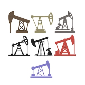 May include: Collection of seven oil pump jack illustrations in various colors, including brown, olive green, gray, black, red, and purple. Each pump jack is depicted with a distinct design, showcasing the machinery's structure and components.
