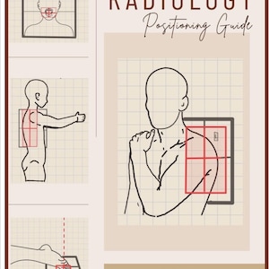 Könnte beinhalten: Ein Buchcover für einen Radiology Positioning Guide mit schwarzen Strichzeichnungen der menschlichen Anatomie auf hellbeigem Hintergrund. Der Text lautet Radiology Positioning Guide und Arika West. Diagramme zeigen Körperteile auf roten Gittern.