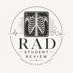 May include: A circular logo featuring a black and white illustration of a human rib cage inside a square frame. The text RAD STUDENT REVIEW and RADIOLOGY STUDY GUIDES is printed below. A radiation symbol and an EKG heart rhythm line are included.