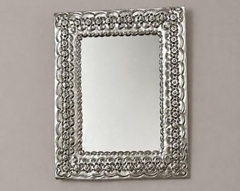 Vintage Mexican Folk Art Punched Tin Rectangular Mirror, Hand Crafted