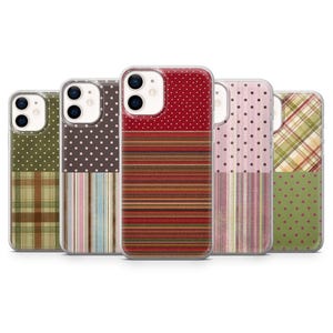 May include: Five smartphone cases arranged in a row, each featuring a dual-pattern design. The patterns include combinations of polka dots, vertical stripes, horizontal stripes, and plaid in various color palettes like red, green, pink, and brown.