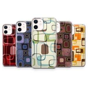 May include: Five smartphone cases arranged in a row, each featuring a distinct color palette of red, blue, green, brown, and orange. Every case displays a repeating pattern of rounded squares and rectangles with thin, dark outlines.