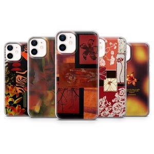 May include: Five smartphone cases arranged in a row, each featuring distinct artistic designs in shades of red, orange, and black. The patterns include floral motifs, abstract shapes, and text, all encased in a clear, protective shell with camera cutouts.