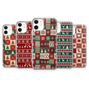 May include: Five smartphone cases featuring festive holiday patterns. The designs include red, green, and white color schemes with repeating motifs of Christmas trees, reindeer, snowflakes, snowmen, stockings, hearts, and plaid squares.