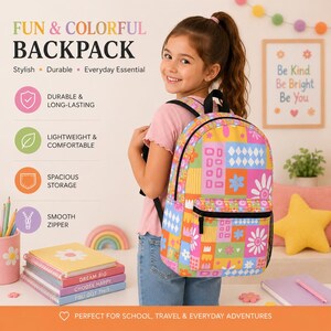 Zaino retrò con patchwork floreale / Borsa scolastica con motivo margherite rosa e arancioni