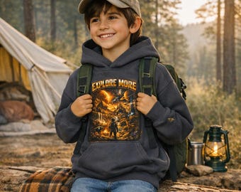 Explore More Youth Hoodie | Outdoor Adventure Campfire Scene