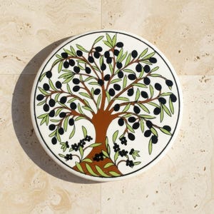 Ceramic Trivet with Olive Tree Design, Non Slip Pot Holder, Mediterranean Kitchen Decor, Handmade Hot Plate, Teapot Stand Gift