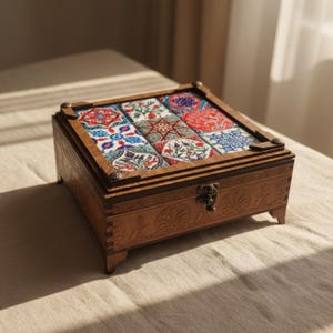 Ręcznie robione tureckie ceramiczne pudełko na biżuterię z drewna, wyłożone aksamitem, pamiątka do domu