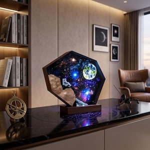 Könnte beinhalten: Eine dekorative Lampe zum Thema Weltraum mit Holzrahmen und -sockel. Die Lampe zeigt eine detaillierte Darstellung einer Galaxie, eines Planeten und eines Astronauten. Die Lampe steht auf einer dunklen Oberfläche mit anderen dekorativen Gegenständen.