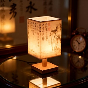 Chinese Style Table Lamp – Wooden Base, Linen Shade, Asian Inspired Night Light