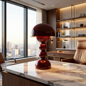 Può includere: Una lampada da scrivania bordeaux con paralume arrotondato e base sferica impilata è appoggiata su un piano di lavoro in marmo. Il design della lampada è moderno ed elegante, con finitura lucida. Lo sfondo presenta uno skyline visibile attraverso una grande finestra.