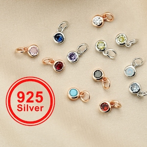 4MM Round Birthstone Charm,Solid 925 Sterling Silver Color Stone Pendant Charm,Simulated Color Gemstone DIY Supplies Charm 1411313