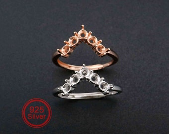 1Pcs 3MM Round Curve 5 Stones Rose Gold Plated Solid 925 Sterling Silver DIY Stackable Adjustable Prong Ring Settings Blank Gemstone 1210067