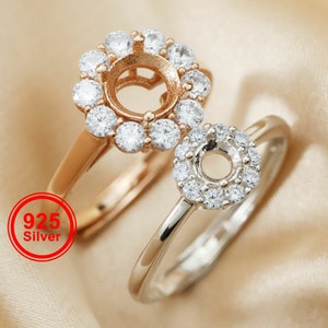 1pcs 4-8MM round flower silver Gems CZ stone prong setting solid 925 sterling silver bezel tray DIY adjustable ring settings 1212046