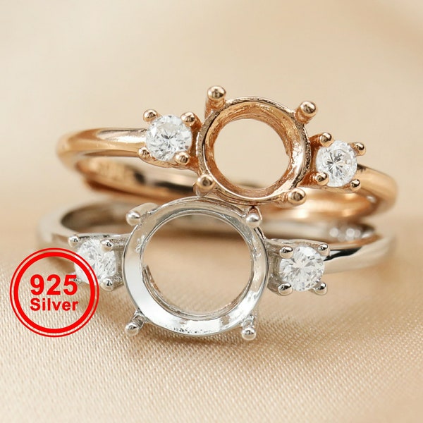 1pcs 5-8MM round simple silver Gemstone CZ stone prong bezel solid 925 sterling silver adjustable ring settings 1214033