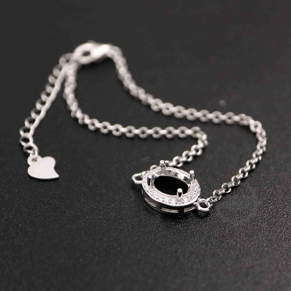 1Pcs 5x7-7x9MM Gems CZ Stone Oval Prong Bezel Settings Solid 925 Sterling Silver DIY Charm Bracelet Tray with 6'' Chain 1900188