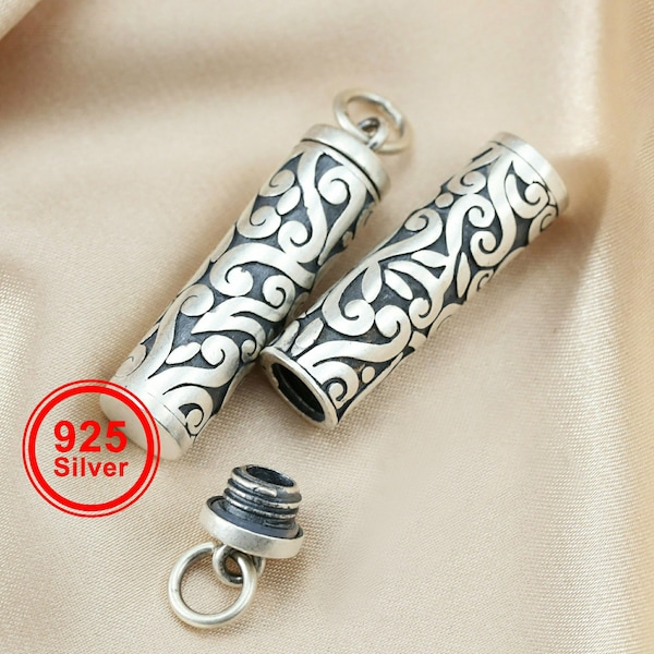 Tube Keepsake Ash Canister Urne funéraire en argent sterling massif 925 Wish Vial Pendentif Boîte de prière Argent vieilli 9x40MM 1190046