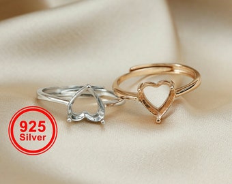 1Pcs 4-13MM Rose Gold Plated Solid 925 Sterling Silver Simple Heart Prong Bezel DIY Adjustable Ring Settings for Gemstone 1294169