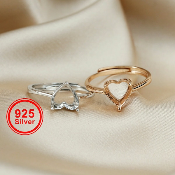 1Pcs 4-13MM Rose Gold Plated Solid 925 Sterling Silver Simple Heart Prong Bezel DIY Adjustable Ring Settings for Gemstone 1294169