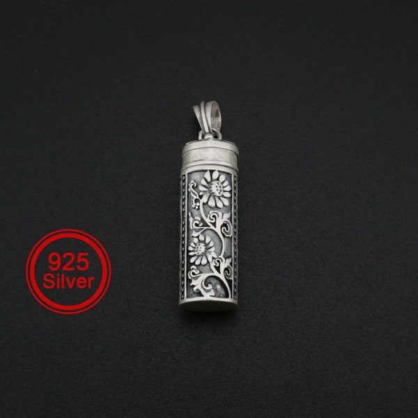 Tube Keepsake Ash Canister Urne funéraire en argent sterling massif 925 Wish Vial Pendentif Boîte de prière Argent vieilli 10x30MM 1190027