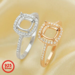 Anillo con engaste de punta cuadrada, anillo de plata esterlina 925 maciza chapado en oro rosa, anillo con bisel de piedra de circonita cúbica pavé de halo, bisel de anillo DIY 1215054