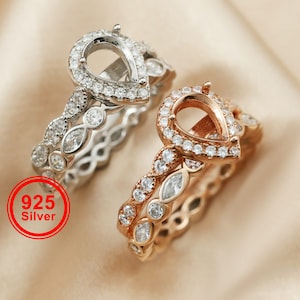 6x8MM Halo Pear Prong Ring Settings Art Deco Cathedral Solid 925 Sterling Silver DIY Marquise Stackable Ring Set Bezel Supplies 1294365