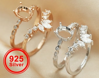 6x8MM Oval Prong Ring Settings Stackable Solid 925 Sterling Silver Rose Gold Plated Bezel Stacker Ring Set For Gemstone 1294400
