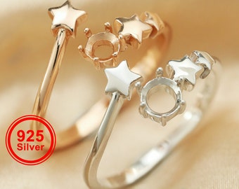 3-5MM Round Prong Ring Settings Stars Bezel Solid 925 Sterling Silver Rose Gold Plated Band For DIY Adjustable Ring Supplies 1215026