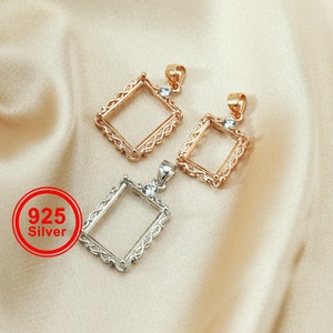 1Pcs Multiple Size Rectangle Shape Rose Gold Silver Gems CZ Stone Bezel Solid 925 Sterling Silver Prong Pendant Charm Settings 1431036