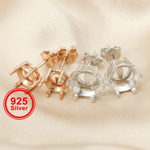1Pair 3-8MM Round 6 Prong Rose Gold Plated Solid 925 Sterling Silver Studs Earrings Settings DIY Jewelry Supplies 1706040