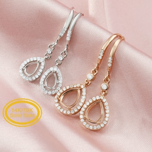 14K 18K Solid Gold Halo Pear Prongs Hook Earrings Settings for Faceted Gemstone DIY Supplies Findings 1706039-1