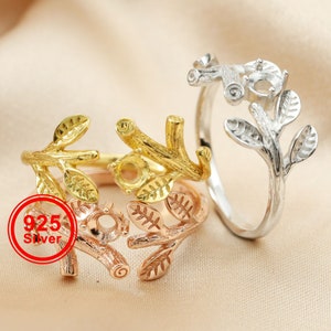 1Pcs 4mm round CZ stone prong setting tree branch leaf 925 sterling silver bezel tray adjustable ring settings 1212037