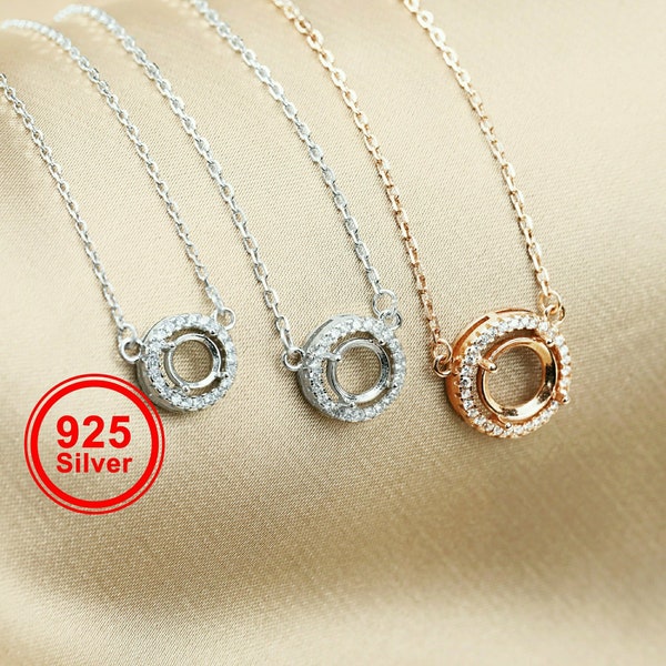 1pcs 5-8MM Gems CZ Stone Round Prong Bezel Settings Solid 925 Sterling Silver DIY Pendant Charm Tray with 15'' Necklace Chain 1411215