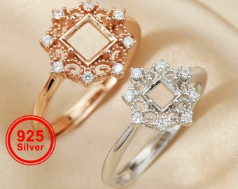 1Pcs 3-6mm square lace rose gold silver Gems CZ stone prong bezel solid 925 sterling silver adjustable ring settings 1294129